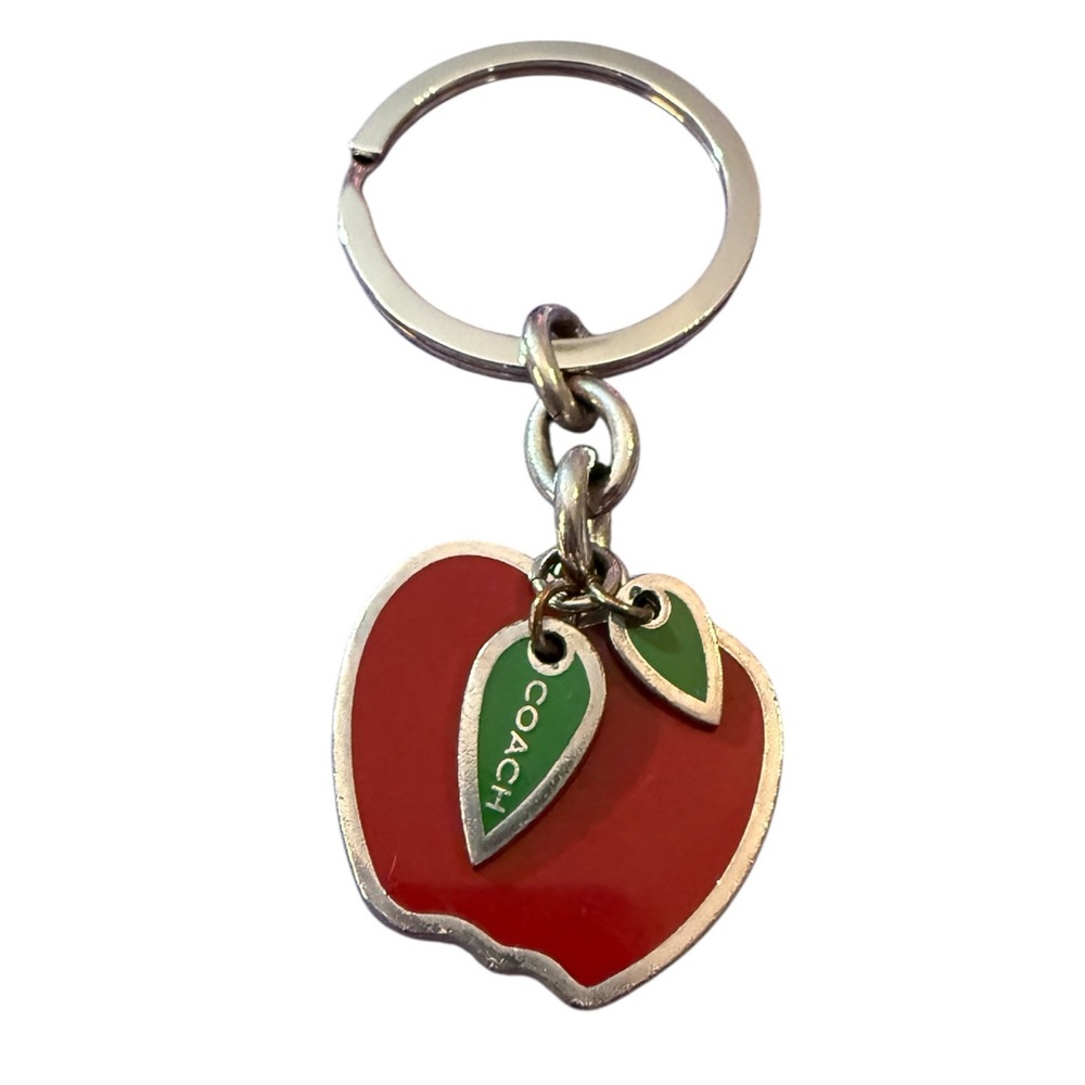 Rare Vintage Coach Apple Enamel Keychain - Red with Green Leaf Charms